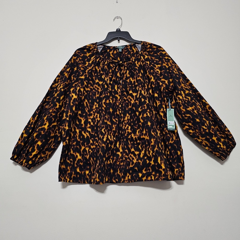 Terra & Sky Women's Top Blouse Plus 1X Brown Black Long‎ Sleeves Vneck Tie 1036